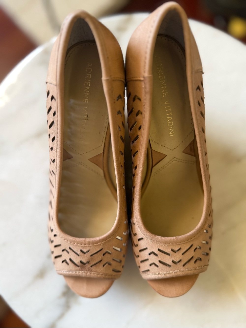Adrienne Vittadini Carilena Natural Leather Laser-Cut Peep-Toe Cork Wedges